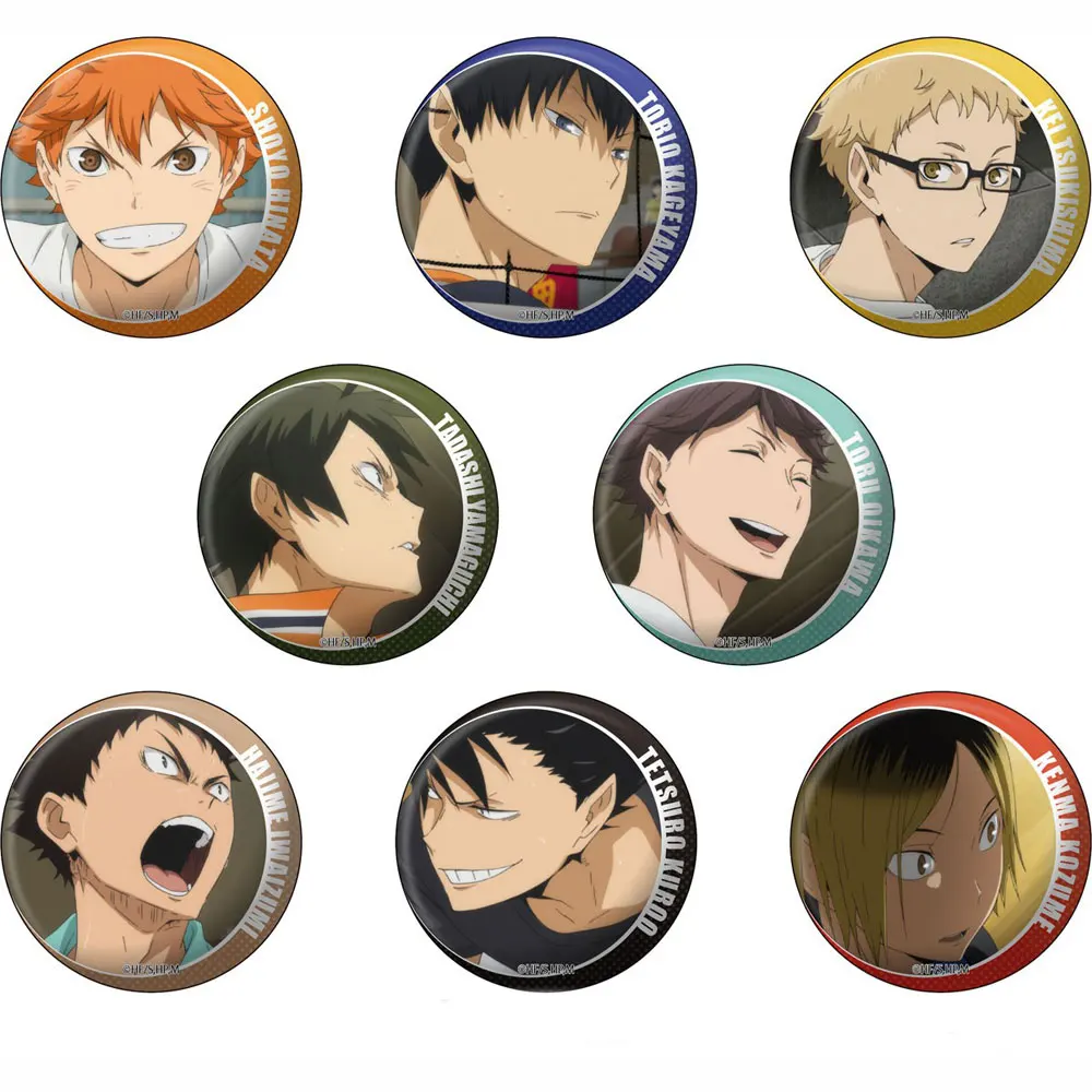 

8pcs/1lot Anime Haikyuu!! Shoyo Hinata Tobio Kageyama Figure 3620 Metal Badges Round Brooch Pin Badge Bedge Gifts Kids Toy