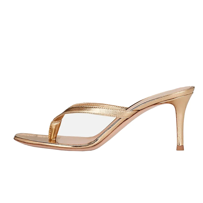 2023 New Women's Mules Summer Sandals Stilettos High Heels 7-8cm Flip Flops Round Toe Thong Shoe Plus Size Slippers Black Slides