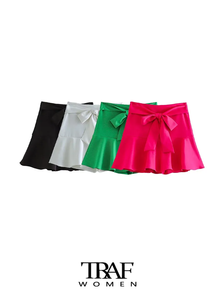 

TRAF Women Fashion With Bow Tied Ruffled Shorts Skirts Vintage High Waist Side Zipper Female Skort Mujer