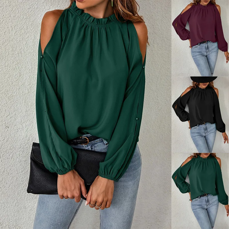 

New Autumn and Winter Women's Lotus Leaf Round Neck Long-sleeved Gathered Off-shoulder Tops for Women