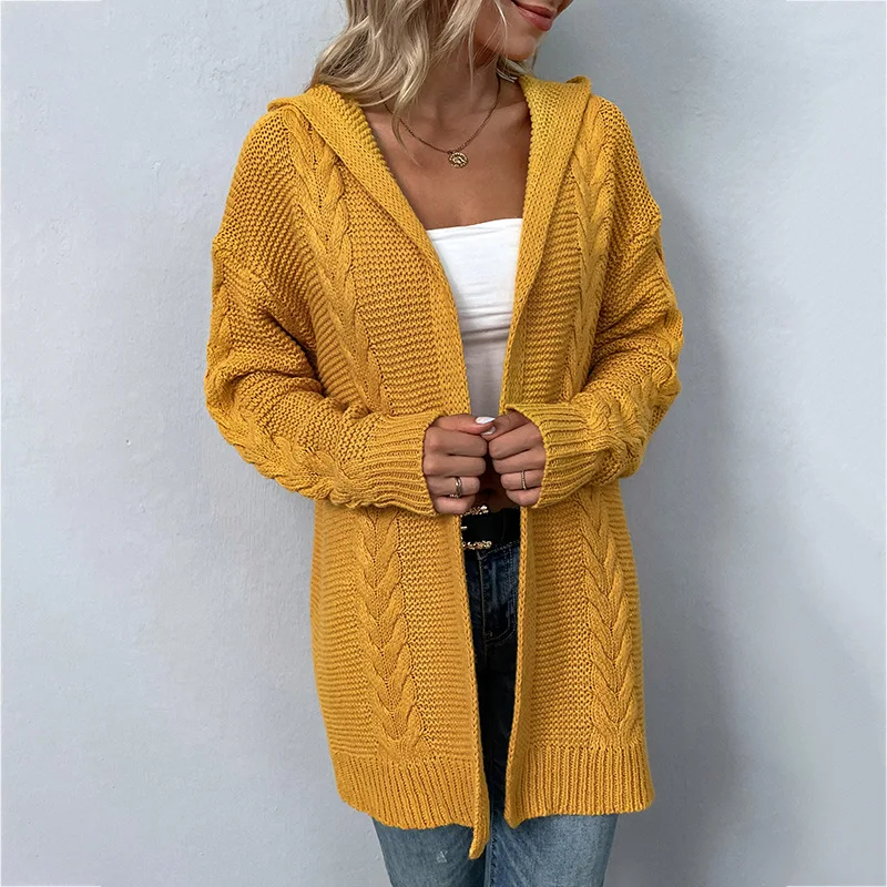 

Women Hooded Long Cardigans 2023 New Autumn Winter Single Breasted Twist Sweaters Casual Loose Knitted Coat Outerwear Tops