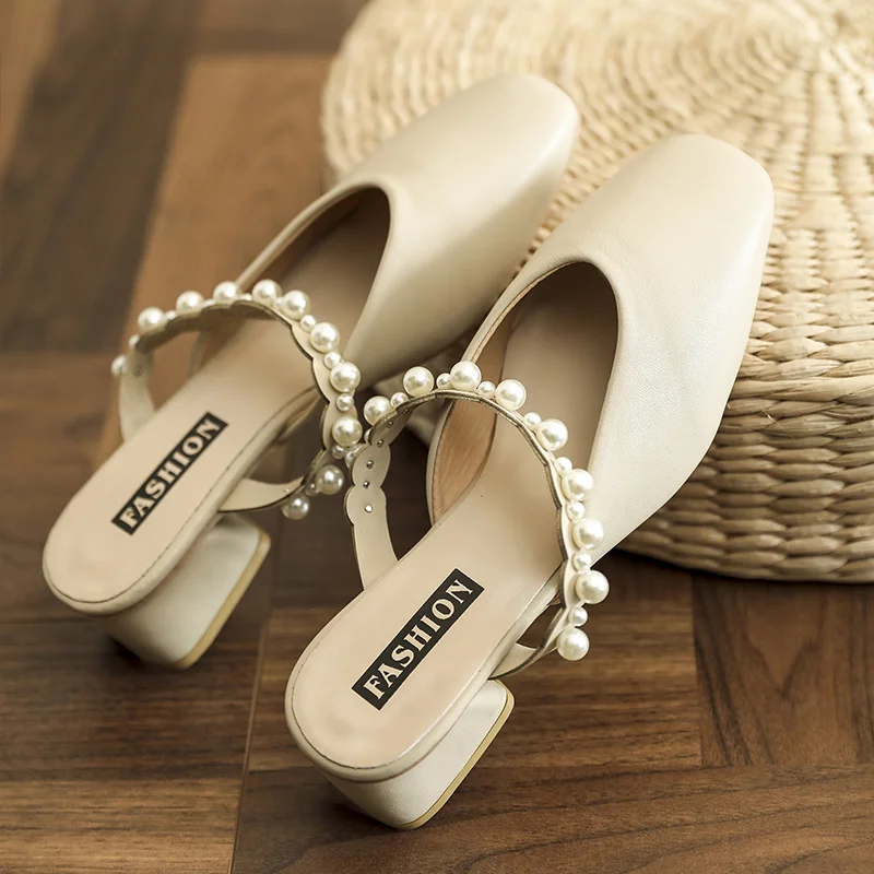 

Square heel Slippers Casual Shoes Mules For Women 2022 Pantofle Loafers Med Slides Cover Toe String Bead Block Luxury New Rubber