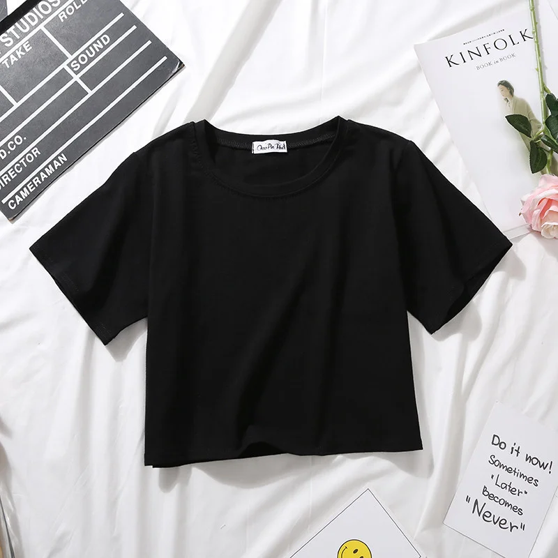 

2022 Summer T Shirts Women Cotton Solid T-shirt O Neck High Waist Crop Top Short Sleeve Tee Female Casual Loose T Shirt