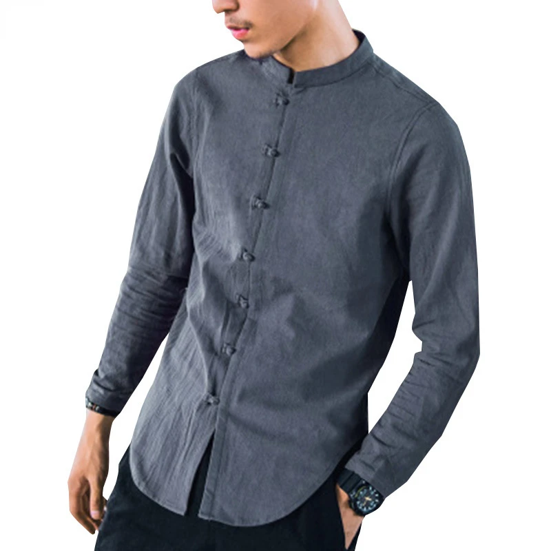 

NEW IN Spring New Men's Solid Linen Shirt Chinese Style Mandarin Collar Male Long Sleeve Slim Fit Linen T Shirt tops M-5XL