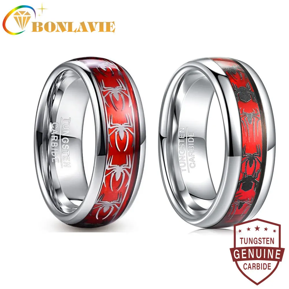 

BONLAVIE 8mm Wide Inlaid Red Opal Paper + Spider Motif Tungsten Steel Men's Ring Wedding Band Tungsten Carbide Ring T227R