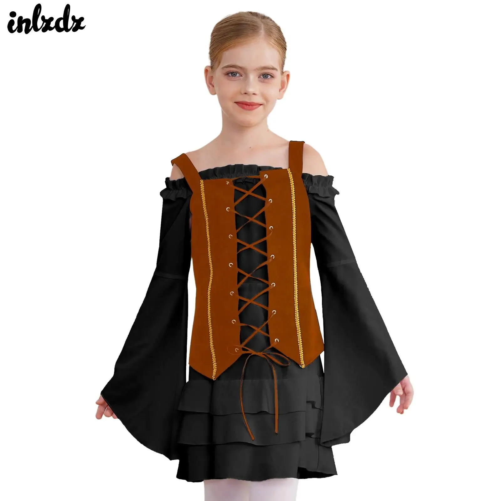 2Pcs Girls Victorian Pirate Costume Halloween Renaissance Gothic Cosplay Tiered Ruffle Dress Lace-up Suede Vest