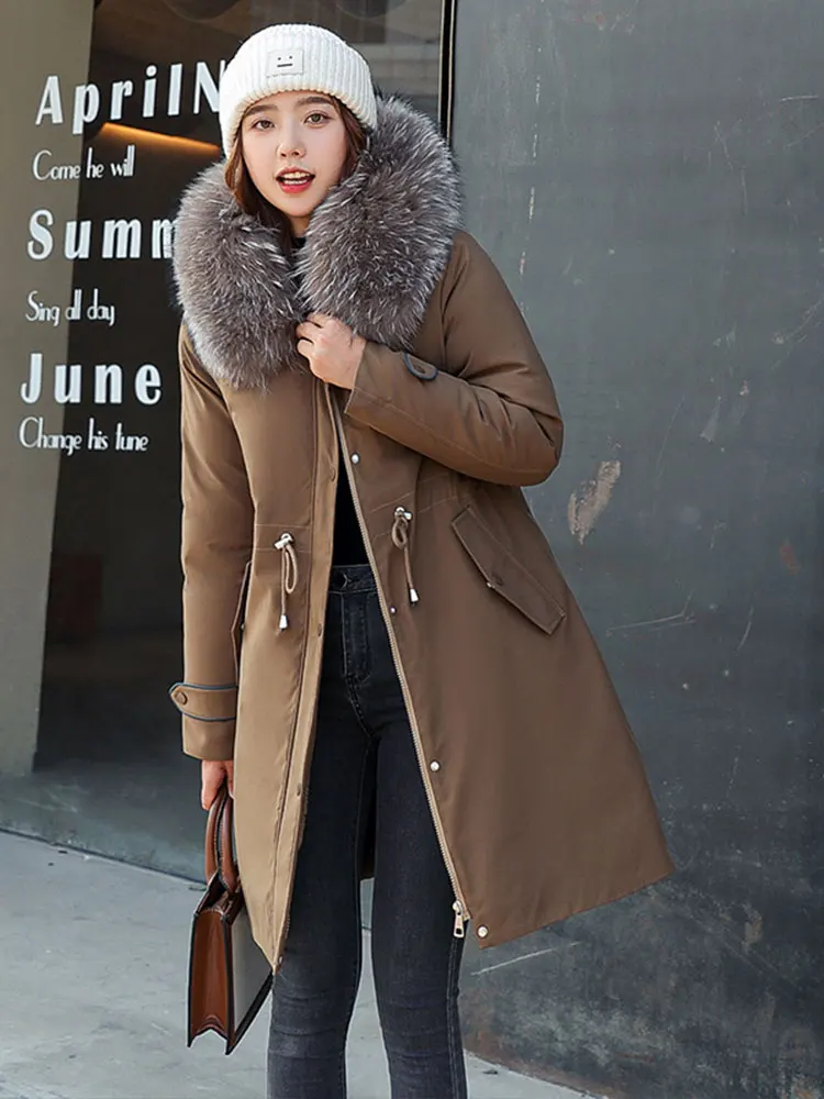 Long Plus Fleece Hooded Parkas Women 2022 Winter New Fashion Loose Long Sleeve Belt Thick Warmth Down Cotton Coat Feminina Parka