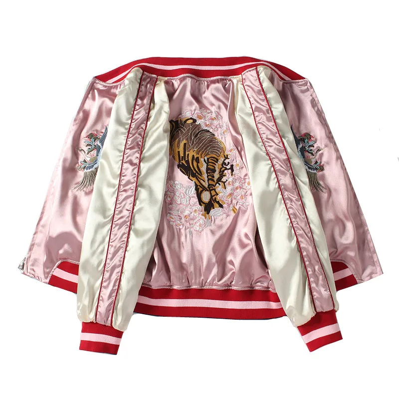 

Double-faced Wearing Bomber Jackets for Women Embroidery Pink Baseball Uniform Korea Spring Autumn Long Sleeve Couple Coats