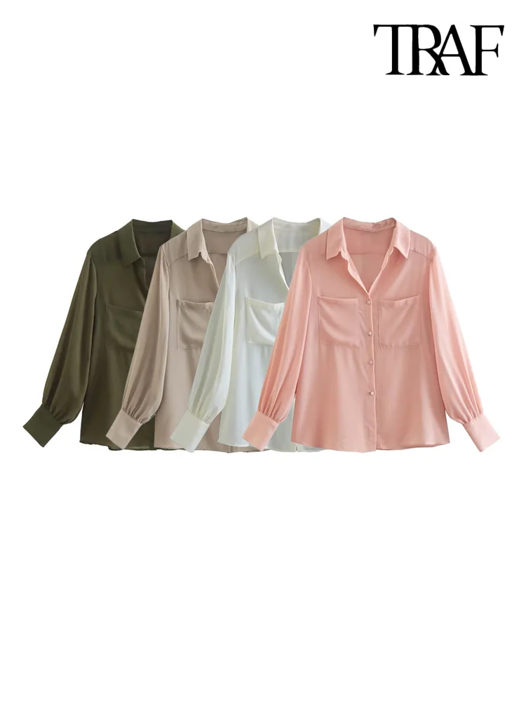 

Модные женские полупрозрачные рубашки TRAF с накладными карманами, винтажные женские блузки с длинным рукавом и пуговицами, шикарные топы