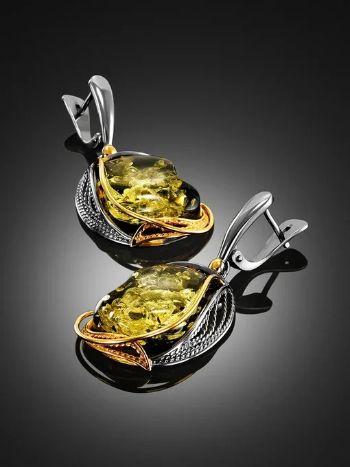 Эффектные вечерние серьги из зелёного янтаря в серебре «Филигрань»