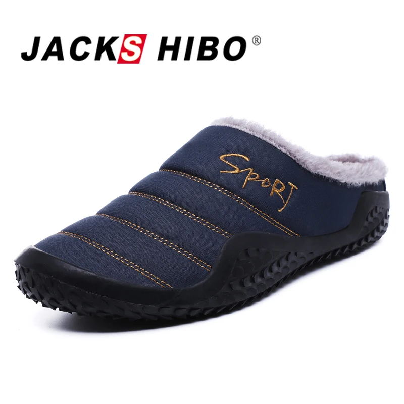 

Новинка 2021, зимние тапочки JACKSHIBO для мужчин, теплая обувь для дома, короткие плюшевые шлепанцы на плоской подошве, мужские водонепроницаемые...