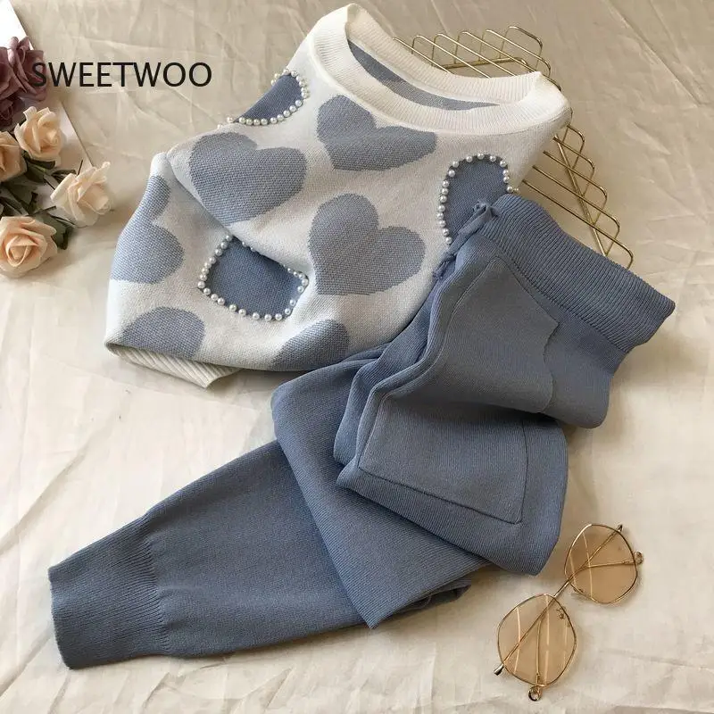 Korean Summer Love Printed Knitted 2 Piece Set Women Short Sleeve Beading Sweater Tops Capris Pants Suit Pink Casual Tracksuit