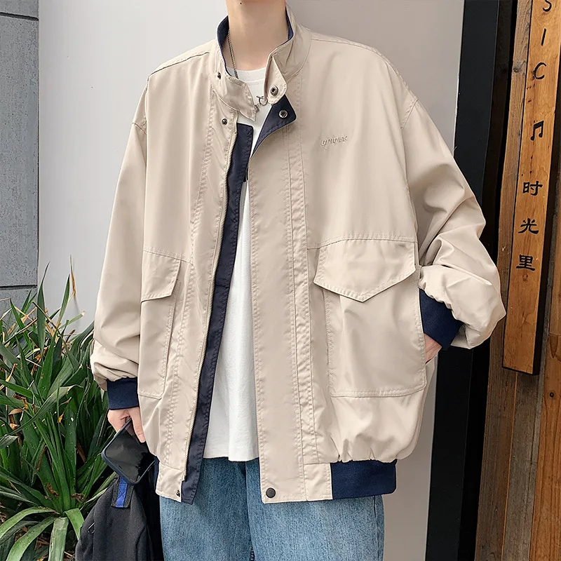 

ZCSMLL Contrast color jacket men's spring autumn Korean Harajuku style coat loose personality hip-hop stand-up collar cardigan