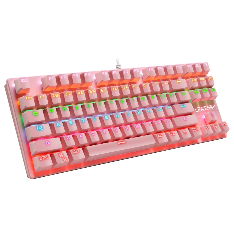 

Игровая механическая клавиатура teclado, проводная клавиатура розового цвета, 87 клавиш Светодиодный ная подсветка RGB, синий переключатель для ...