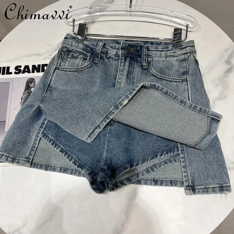 

2022 Summer New Korean Fashion Washed White Distressed Anti-Exposure Short Pants Elegant Slim All-Matching Jeans Shorts Skirts