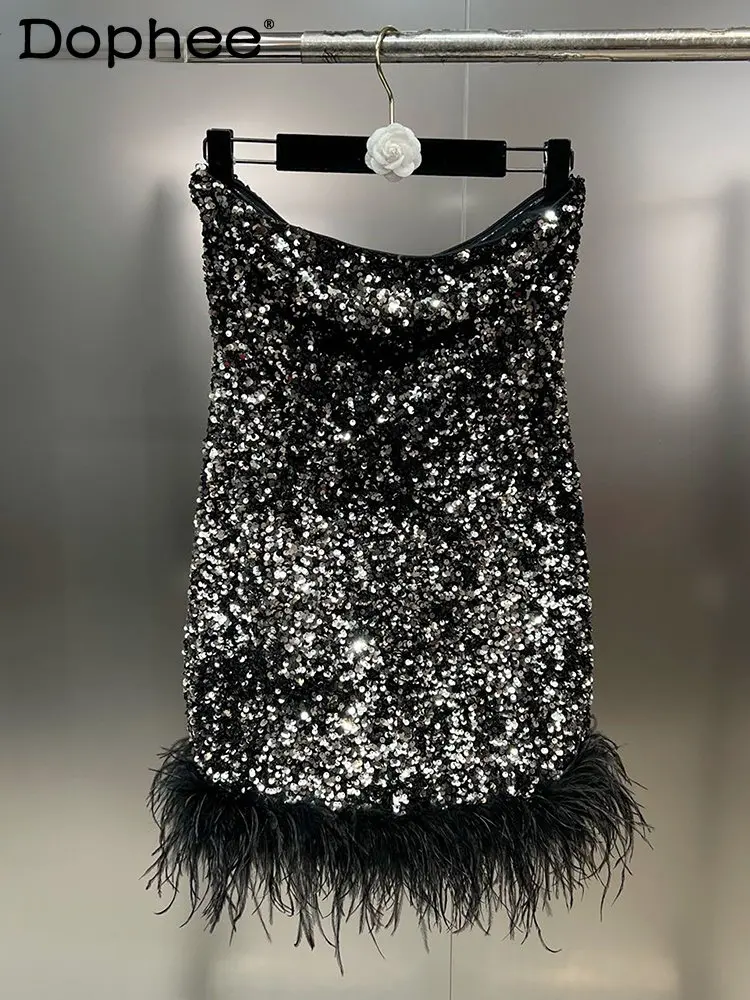 

Fashion Irregular Feather Sequins Short Dress Women Sexy Party Backless Slim A-line Dresses Female 2023 Spring New