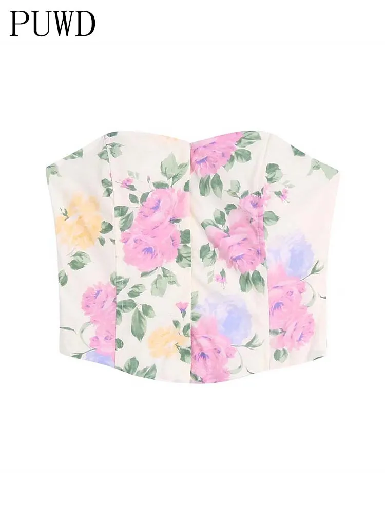 

Женский розовый облегающий корсет PUWD с воротником-сердечком, Весенняя мода 2022, женский сексуальный корсет в стиле High Street, Женский цветочный принт, блузка
