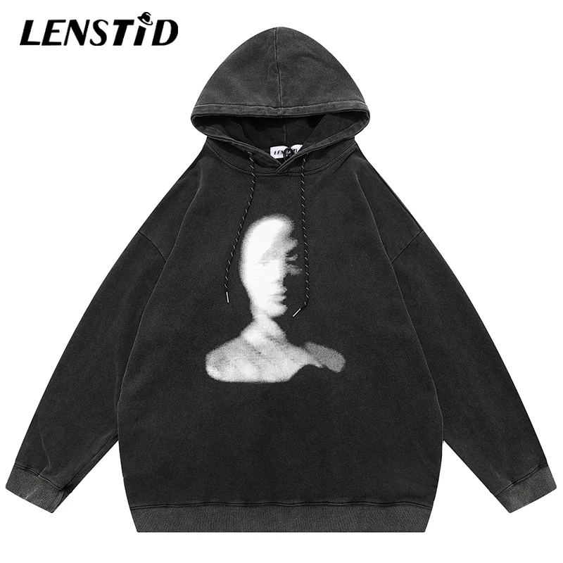 

LENSTID Autumn Men Washed Pullover Hoodies Hip Hop Shadow Print Tracksuits Streetwear Harajuku Vintage Cotton Hooded Sweatshirts