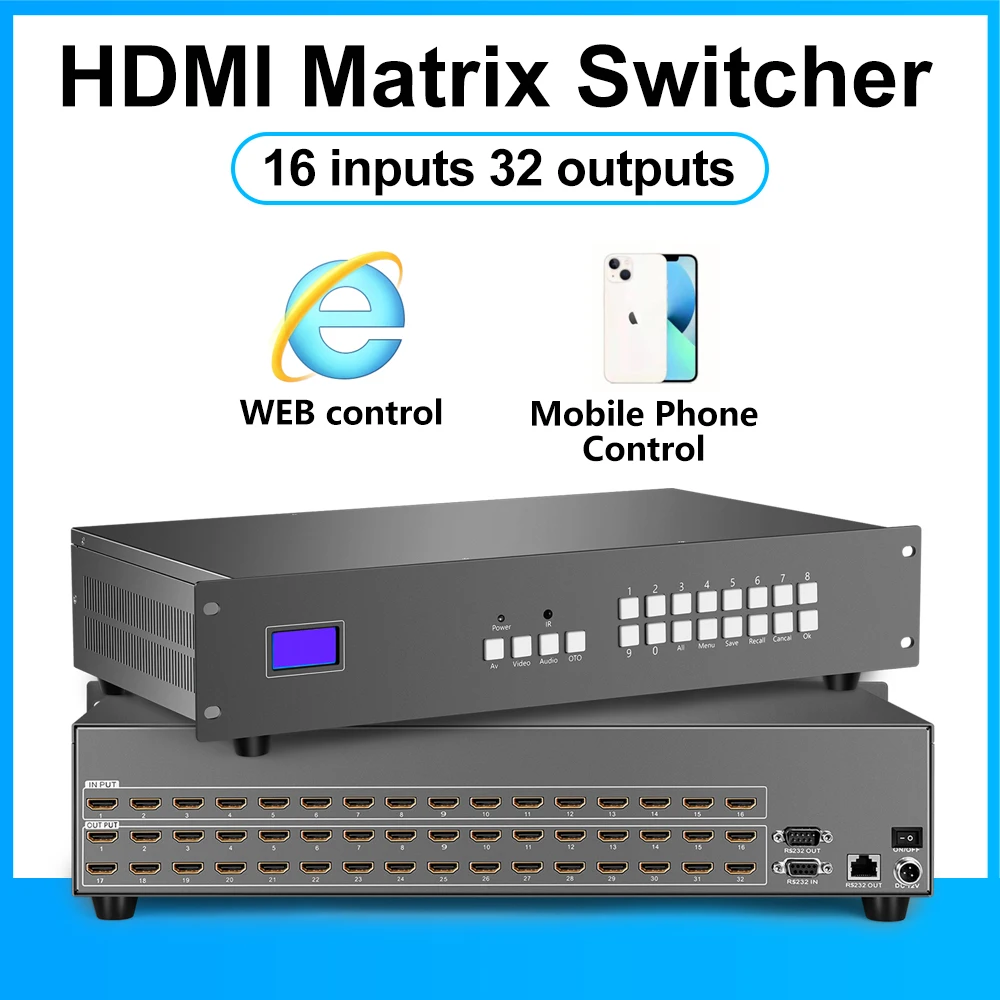 HDMI матрица 4x 4 8 x8 8x16 8x24 16x16 16x32, видеопереключение, дистанционное управление в Интернете стандарта RS232, инфракрасное управление, 3 предмета, для ЖК-экрана