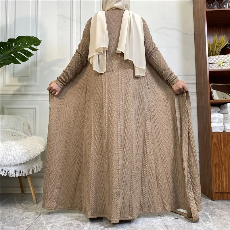 Autumn and Winter Knitting Muslim Cardigan with Pocket Long Coat Fashion Abaya Muslim Coat Jalabiya for Women Turkish Tunic