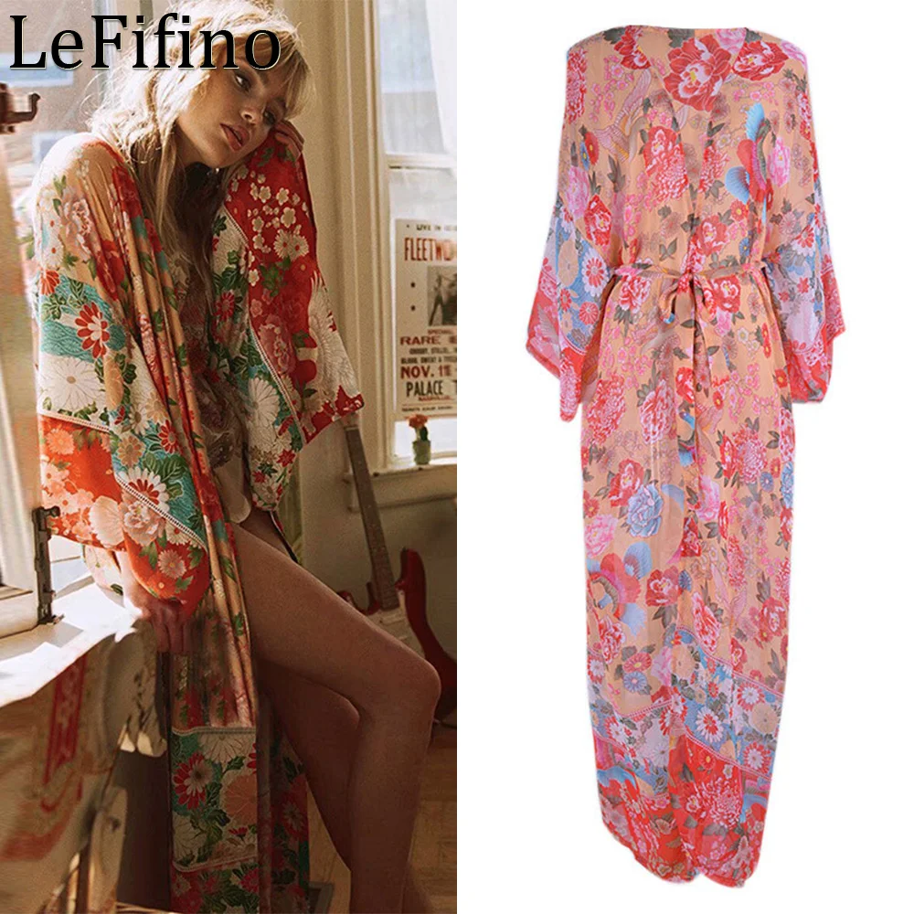 

Summer Fashion Chiffon Printing Loose Fitting Drawstring Cardigan Seaside Vacation Coat Sunscreen Robe Bikini Cover Up For Women