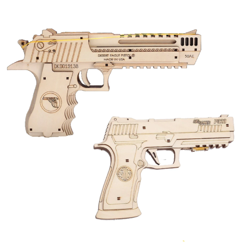 

3D Wooden Mechanical Guns Toy Shooting Models Kits Assembling Build Block for AK47 Sand Eagle Child DIY Rubber Band Pistol Rifle
