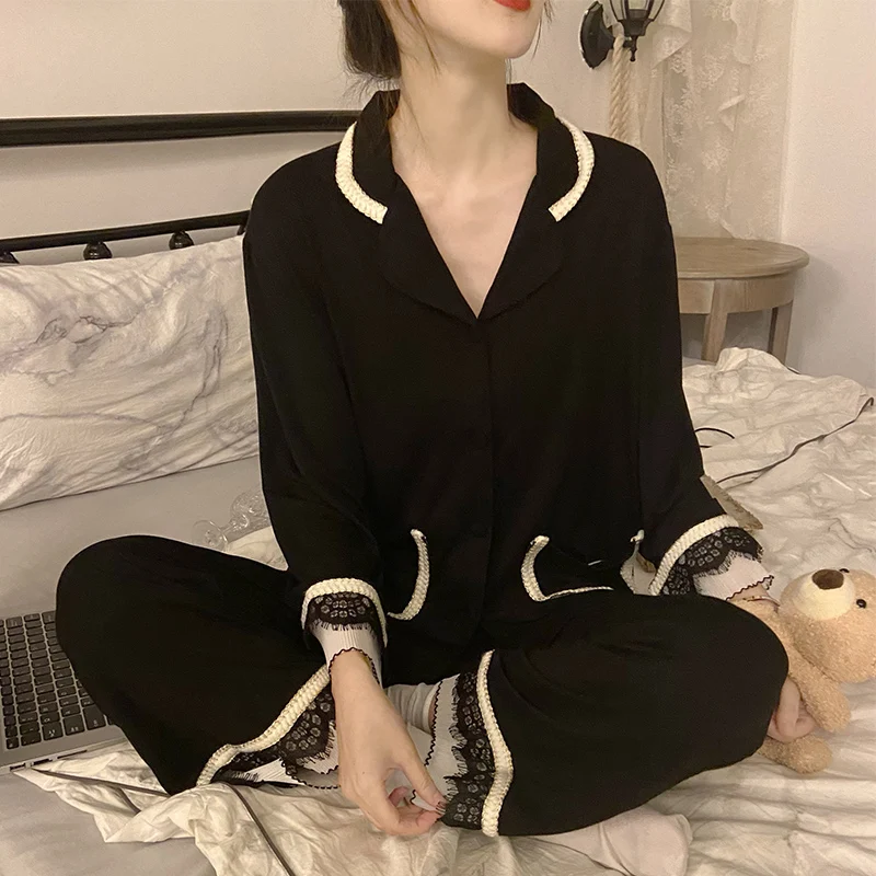 Sexy Lace Spring Pajama Sets Women Plus Size M-3XL Chic Elegant Tender Patchwork Long Sleeve Pockets High Waist Sleepwear Soft