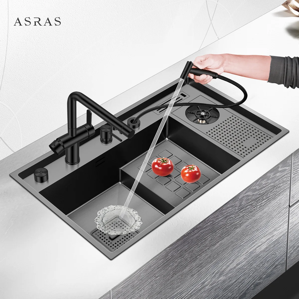 Раковина ASRAS 8448NJ с высоким и низким уровнем, черная раковина с нано-чашкой, мойка из нержавеющей стали 304, ручная кухонная раковина с ополаски...
