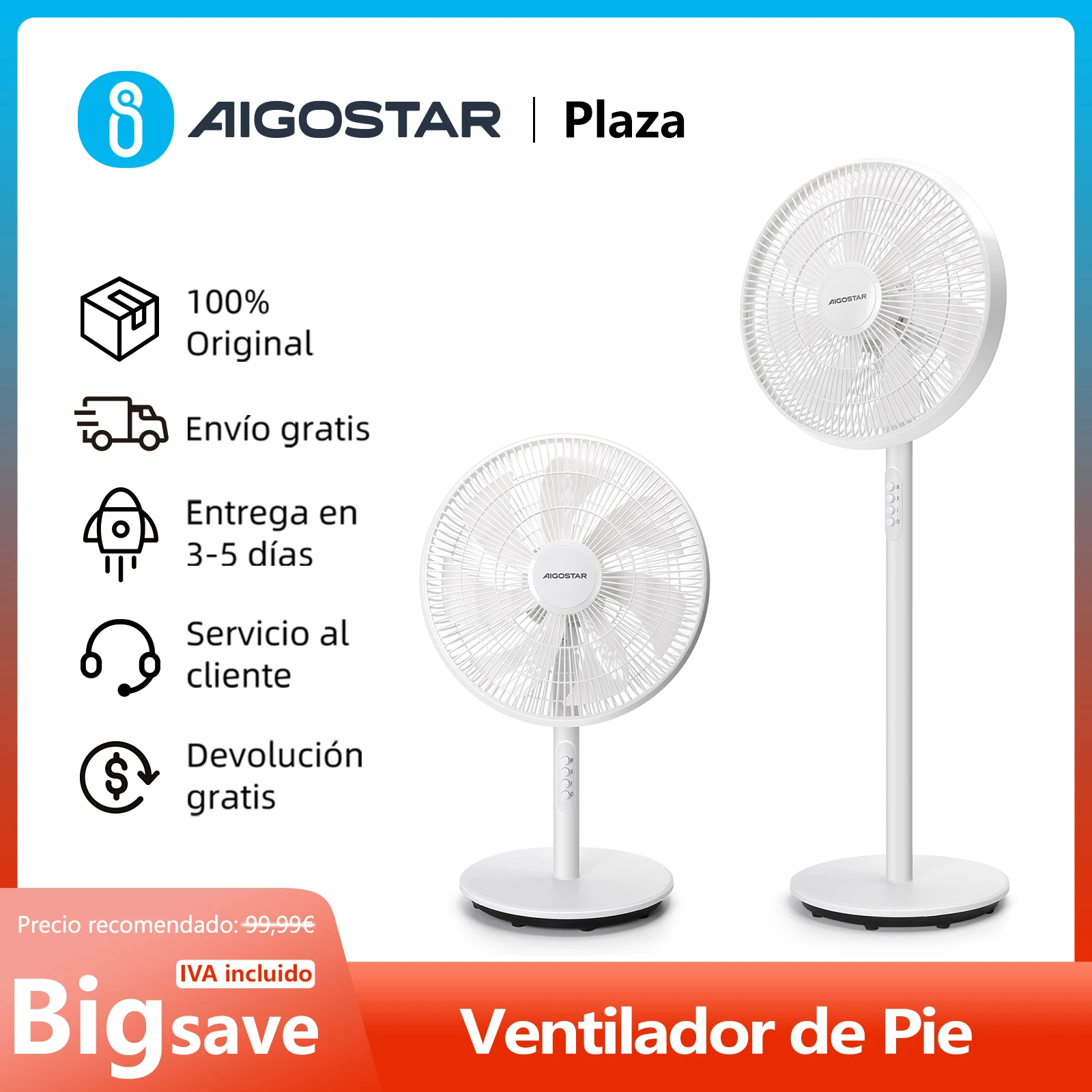 Ventilador de Silencioso Pie y Mesa 2 en 1, 7 Aspas y 40 cm de Diámetro, 3 Velocidades, Oscilación 90º, Altura Ajustable, 45W