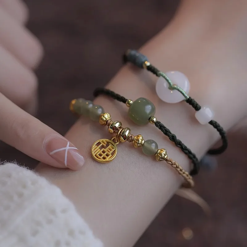 

Hetian Jade Hand Rope Peace Buckle Bracelet Women's Light Luxury Boudoir Single Bead Braided String Adjustable
