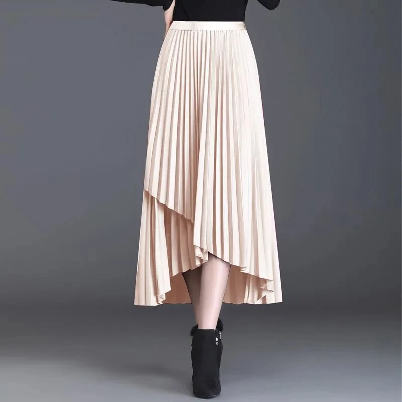 

Irregular Pleated Long Skirt Women Autumn Winter Korean Fashion Ladies Elegant Work Midi Skirt Female A Line Party Skirts
