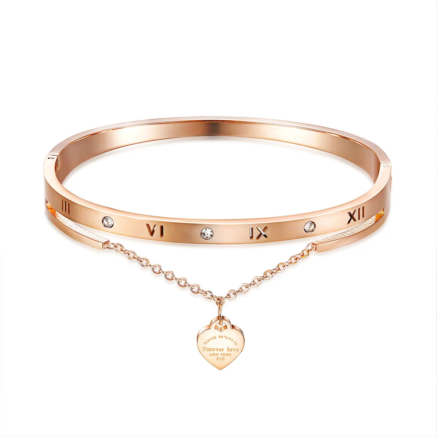 

18K Rose Gold Peach Heart Titanium Steel Bracelet Stainless Steel Women's Bracelet Women's Roman Numerals Diamond Bracelet
