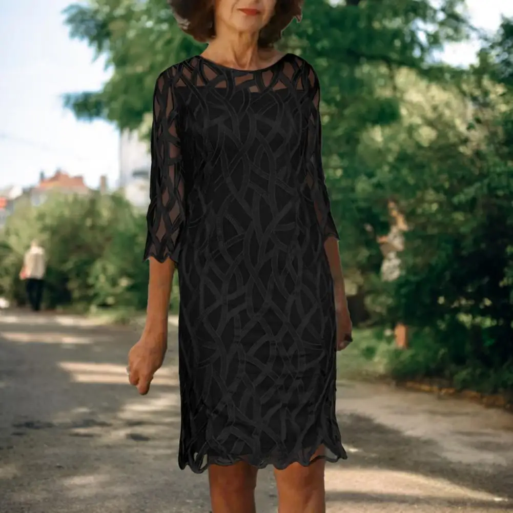 

Женское кружевное платье миди до колен с круглым вырезом и рукавом 3/4 элегантное прозрачное кружевное вечернее платье в стиле пэчворк женск...