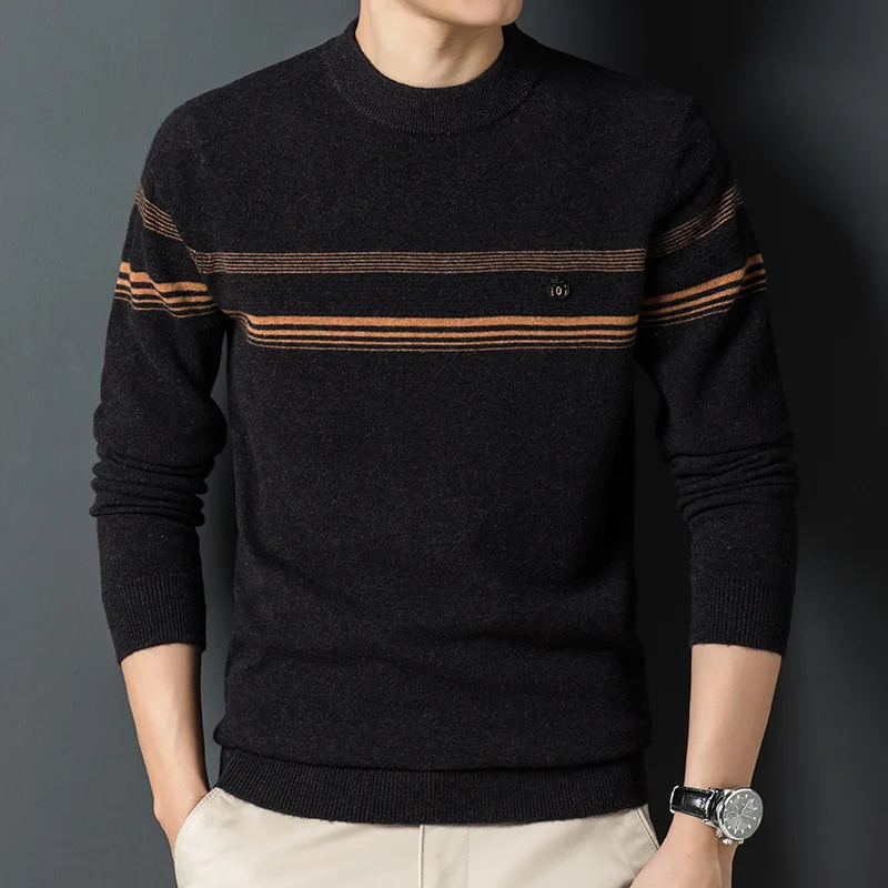 and Autumn winter men's 100% pure wool round neck sweater men's winter striped sweater knitted bottomed sweater