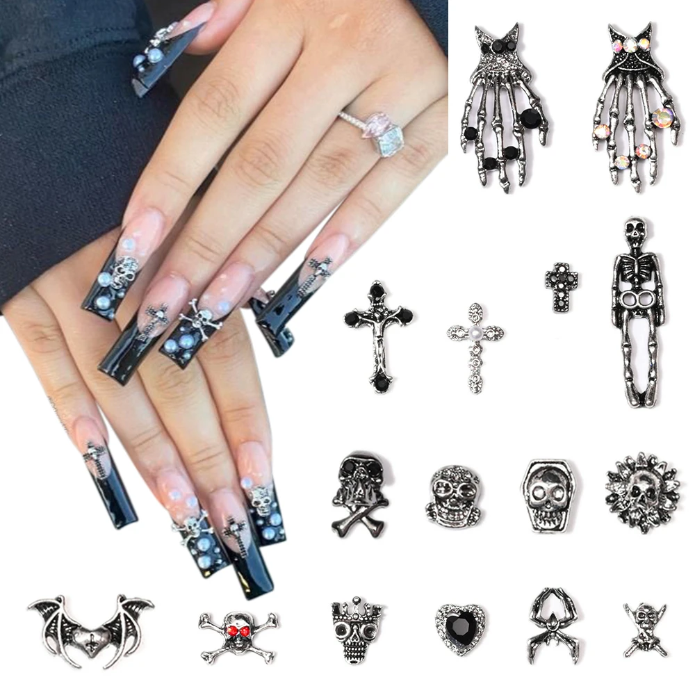 10 SZTUK Gothic Punk Alloy 3D Nail Art Charms Heart Skeleton Cross Spider Design For Halloween Nails Decoration