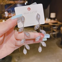 korean fashion gate long leaf earrings for women tassel inlaid zircon luxury elegant exaggeration exquisite versatile jewelry
