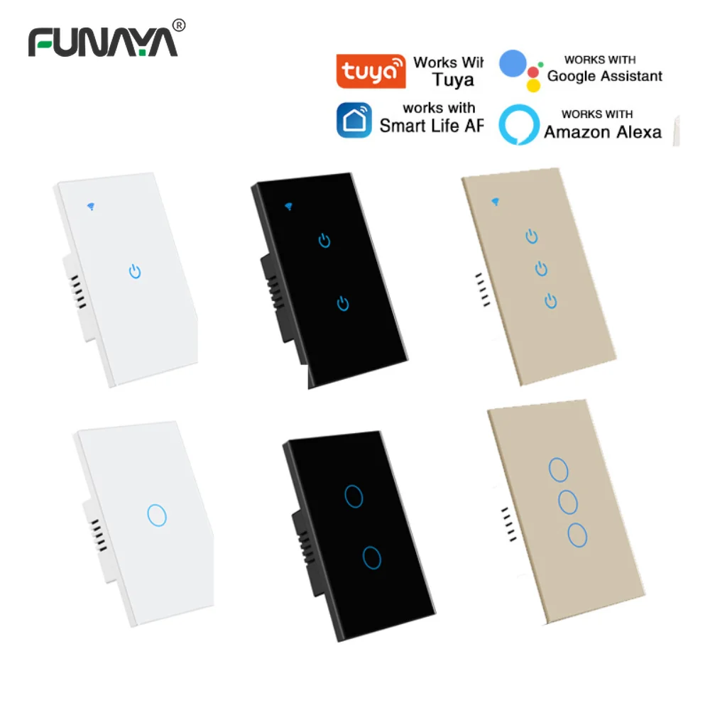 

Tuya Wifi Smart Switches US 118 10A 1/2/3 Gang 110v 220v Balck White with App Contorl Alexa Voice Touch Glass Panel Dual Switch