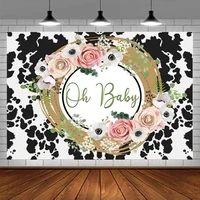 Oh Baby Photography Backdrop Black And White Cow Print Background Pink Floral Holy Cow Baby Shower Banner Farm Cow Theme Decor