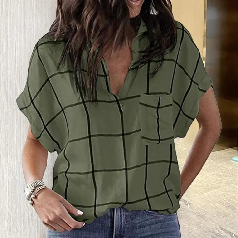 

Blouse Turn-down Collar Comfortable Skin-friendly Summer Pocket Low Cut Female Shirt for Daily Wear plaid shirt