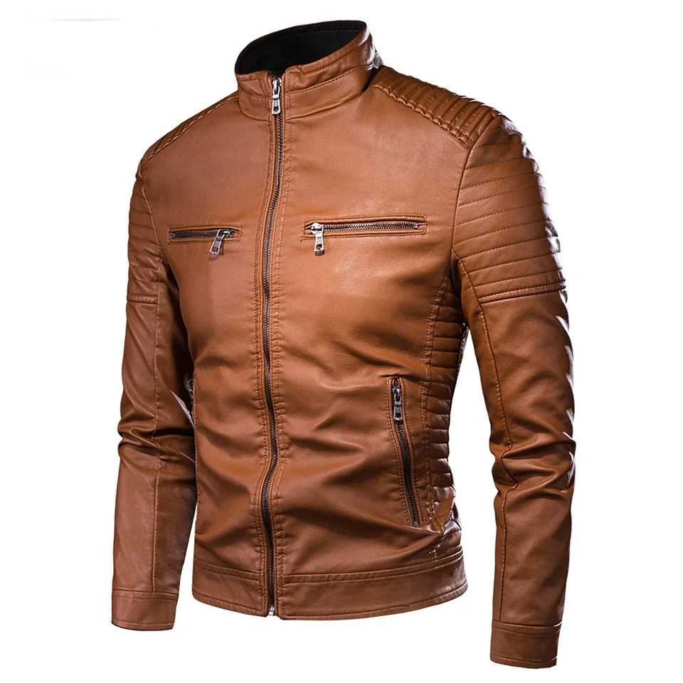 

Men Spring Brand New Causal Vintage Leather Jacket Coat Men Outfit Design Motor Biker Zip Pocket PU Leather Jacket Men