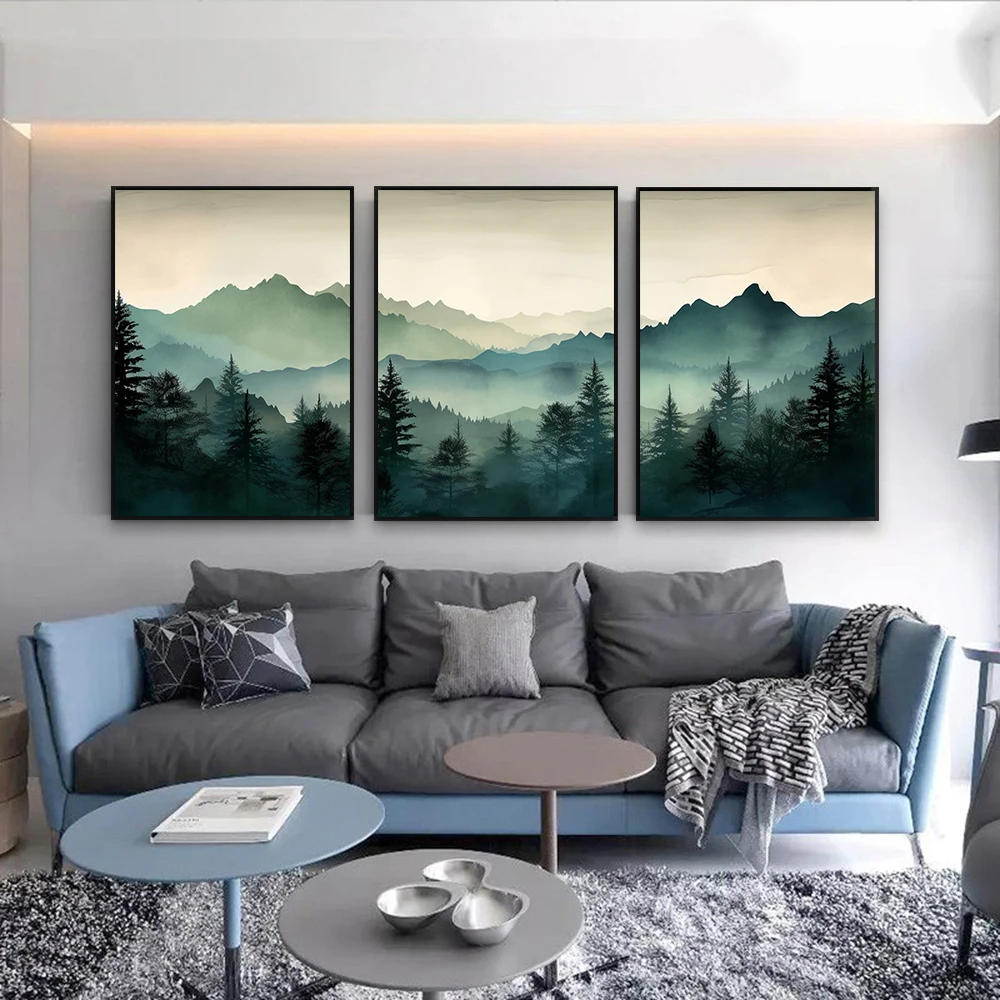 Абстрактный природный пейзаж Постер шалфей Зеленая гора путешествия принты