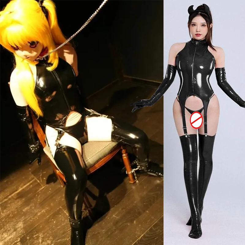 

Cosplay Anime Maid Costume Leather Latex Catsuit Bodystocking Sexy Hot Erotic Roleplay Bodysuit Golves Stocking Outfits Clubwear