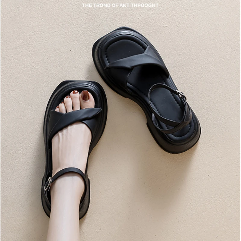 CICIYANG Ladies Ankle Strap Flatform Sandals Women2023 Platform Gladiator Muffin Sandals Open Toe Footwear Summer Black Leather