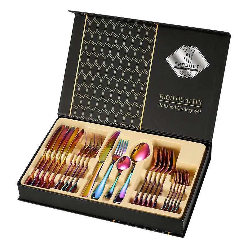 

24pcs Couverts Sendok Cubiertos Dorados Stainless Steel Knife Fork Spoon Gold Flatware Silverware Cutlery Sets