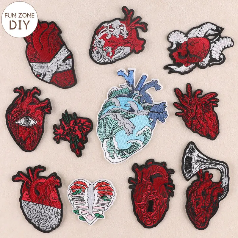 FZdiy Patches for Clothing Red Heart Thermoadhesive Patch Iron on Embroidery Punk Applique Clothes |