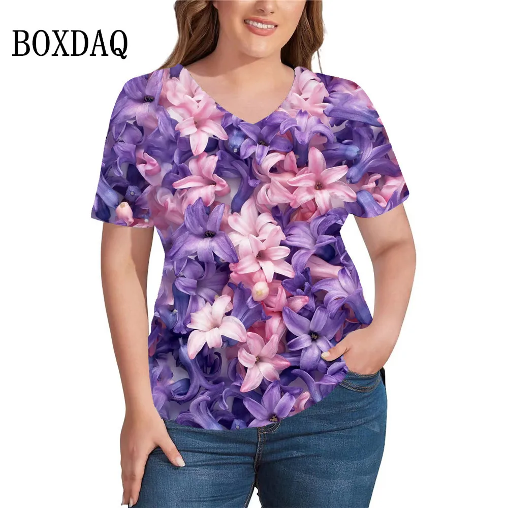 

Женская футболка с коротким рукавом, V-образным вырезом и цветочным принтом