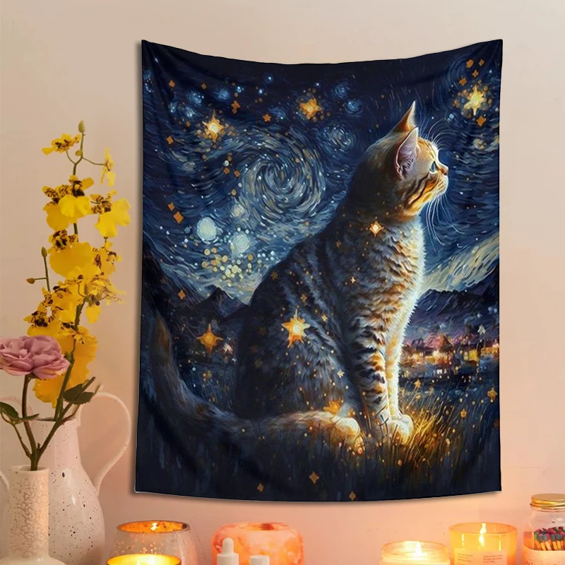 

Star Cat Tapestry Wall Hanging Psychedelic Starry Sky Oil Painting Moon Art Bohemian Cute Background Fabric Home Decor Gift