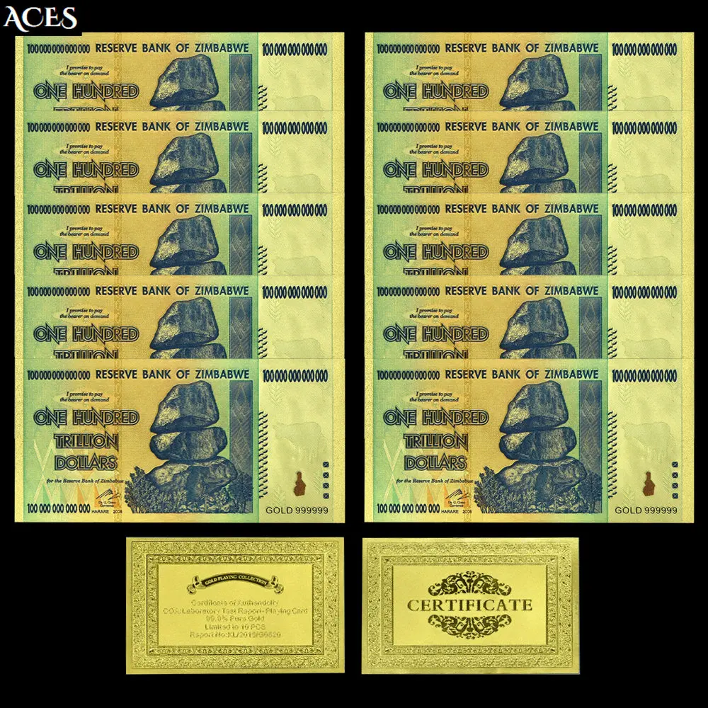 

10pcs Zimbabwe Gold Banknotes One Hundred Trillion Dollars Uncurrency Notes with Golden Certificate Art Worth Collection