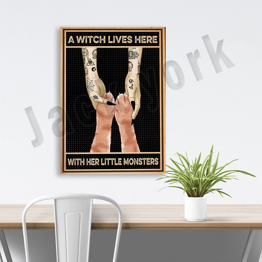 Постер с кошкой, романтика, Постер дьявола, ведьма живет здесь со своей маленькой фотографией, Татуированная девушка и ее кошка, кошачьи лапы