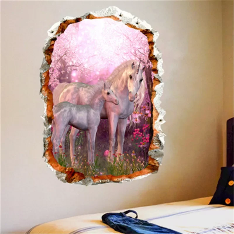 

3D Pink Cherry Blossom Unicorn Wall Stickers Kids Baby Girls Bedroom Unicorn Wall Decals Living Room Decorative Stickers Muraux